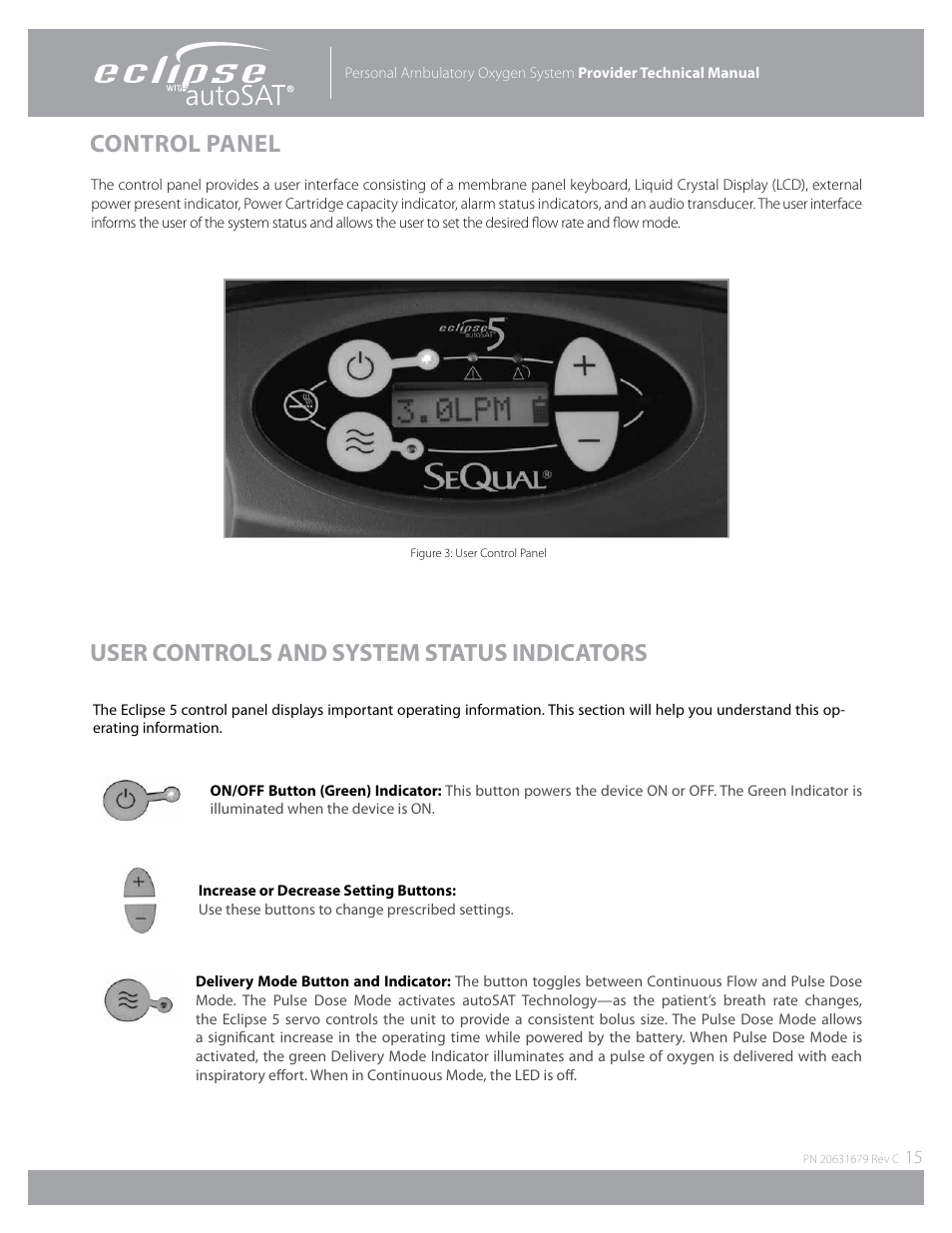 Control panel, User controls and system status indicators | AirSep Eclipse 5 20631679 User Manual | Page 15 / 84