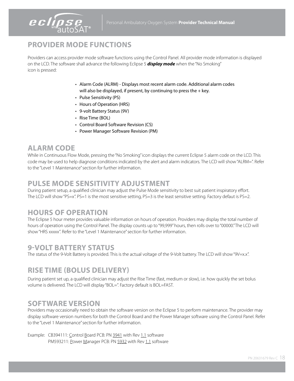 Provider mode functions, Alarm code, Pulse mode sensitivity adjustment | Hours of operation, Volt battery status, Rise time (bolus delivery), Software version | AirSep Eclipse 5 20631679 User Manual | Page 18 / 84