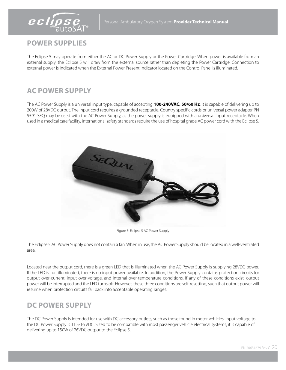 Power supplies, Ac power supply, Dc power supply | AirSep Eclipse 5 20631679 User Manual | Page 20 / 84