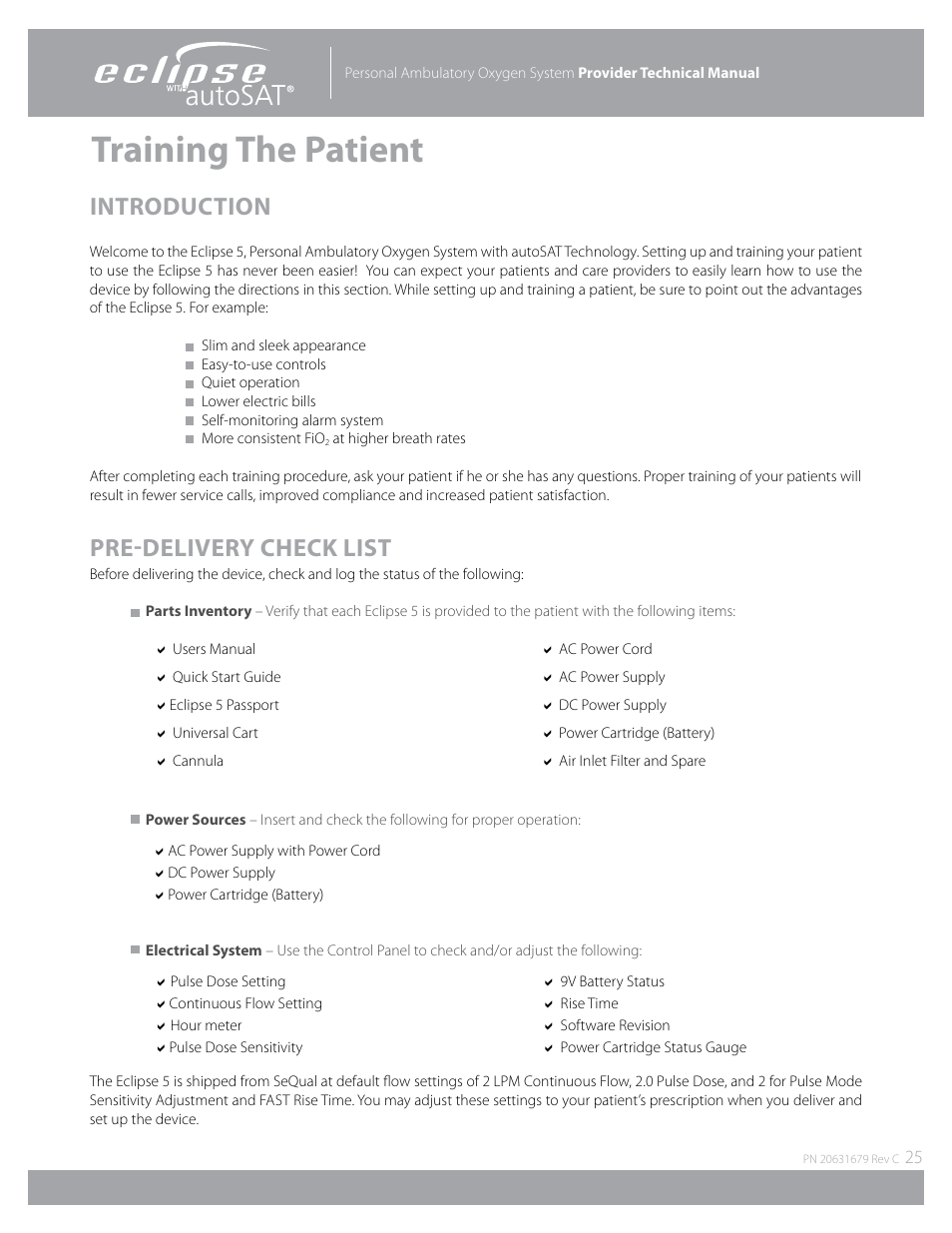 Training the patient, Introduction, Pre-delivery check list | AirSep Eclipse 5 20631679 User Manual | Page 25 / 84