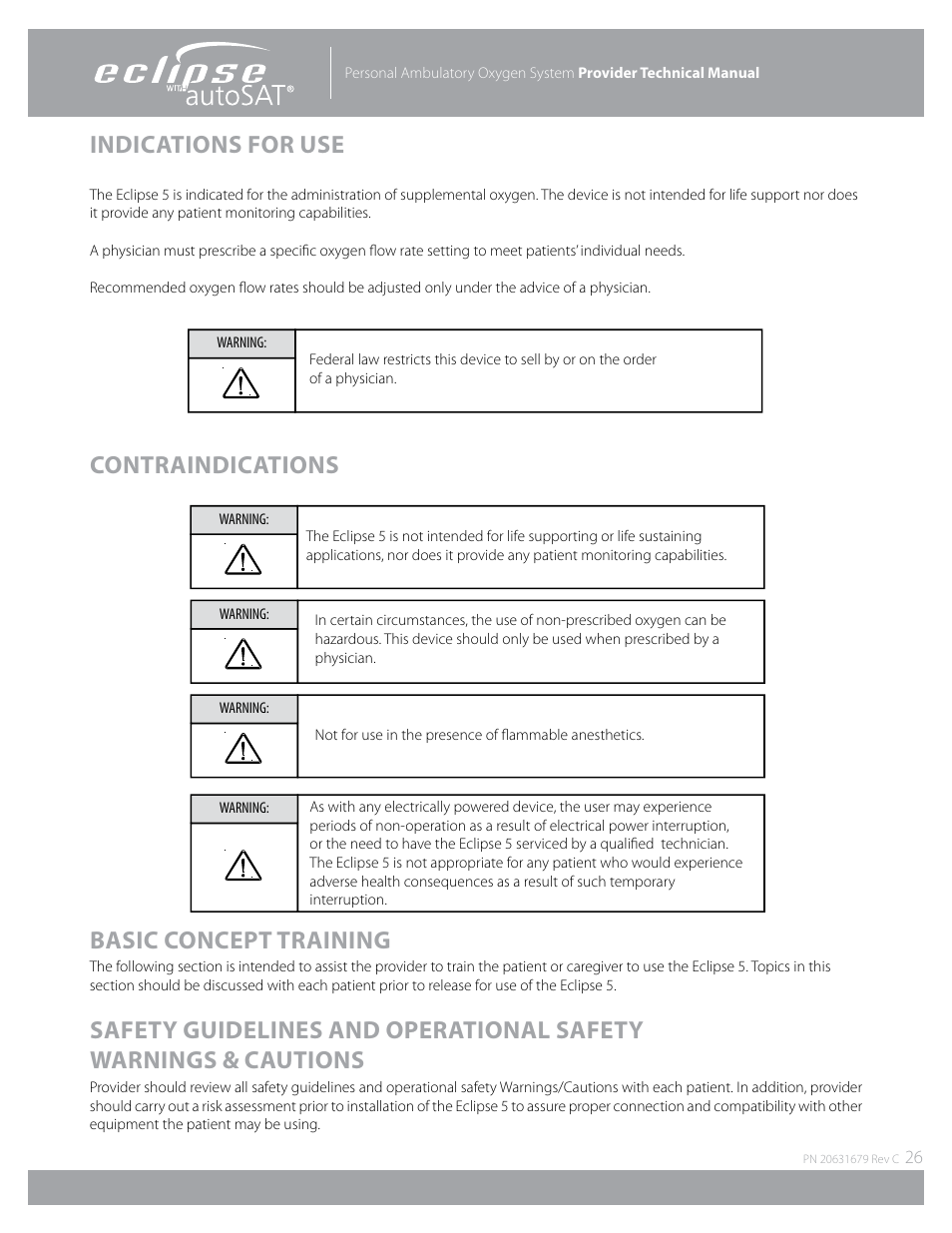 Indications for use, Contraindications basic concept training | AirSep Eclipse 5 20631679 User Manual | Page 26 / 84