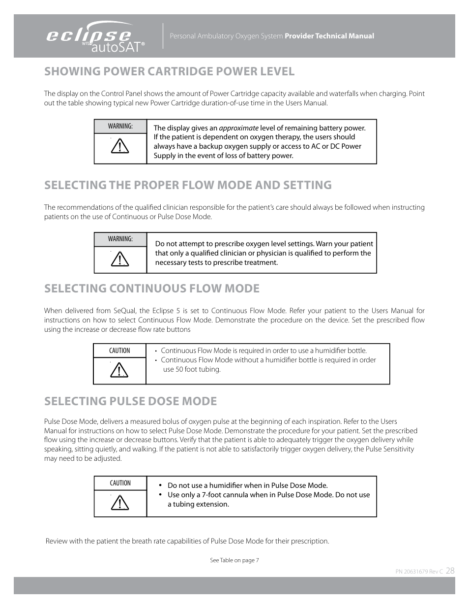 Showing power cartridge power level, Selecting the proper flow mode and setting, Selecting continuous flow mode | Selecting pulse dose mode | AirSep Eclipse 5 20631679 User Manual | Page 28 / 84