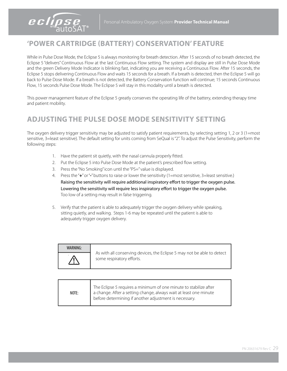 Power cartridge (battery) conservation’ feature, Adjusting the pulse dose mode sensitivity setting | AirSep Eclipse 5 20631679 User Manual | Page 29 / 84