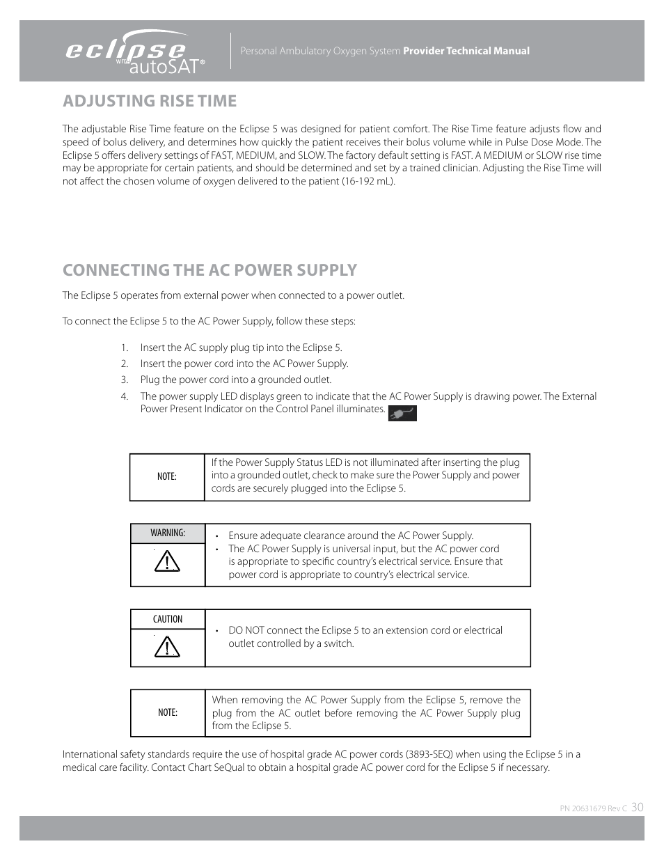 Adjusting rise time, Connecting the ac power supply | AirSep Eclipse 5 20631679 User Manual | Page 30 / 84