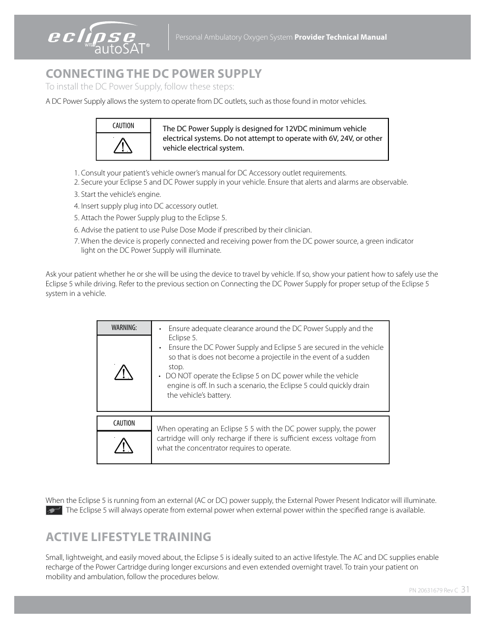 Active lifestyle training, Connecting the dc power supply | AirSep Eclipse 5 20631679 User Manual | Page 31 / 84