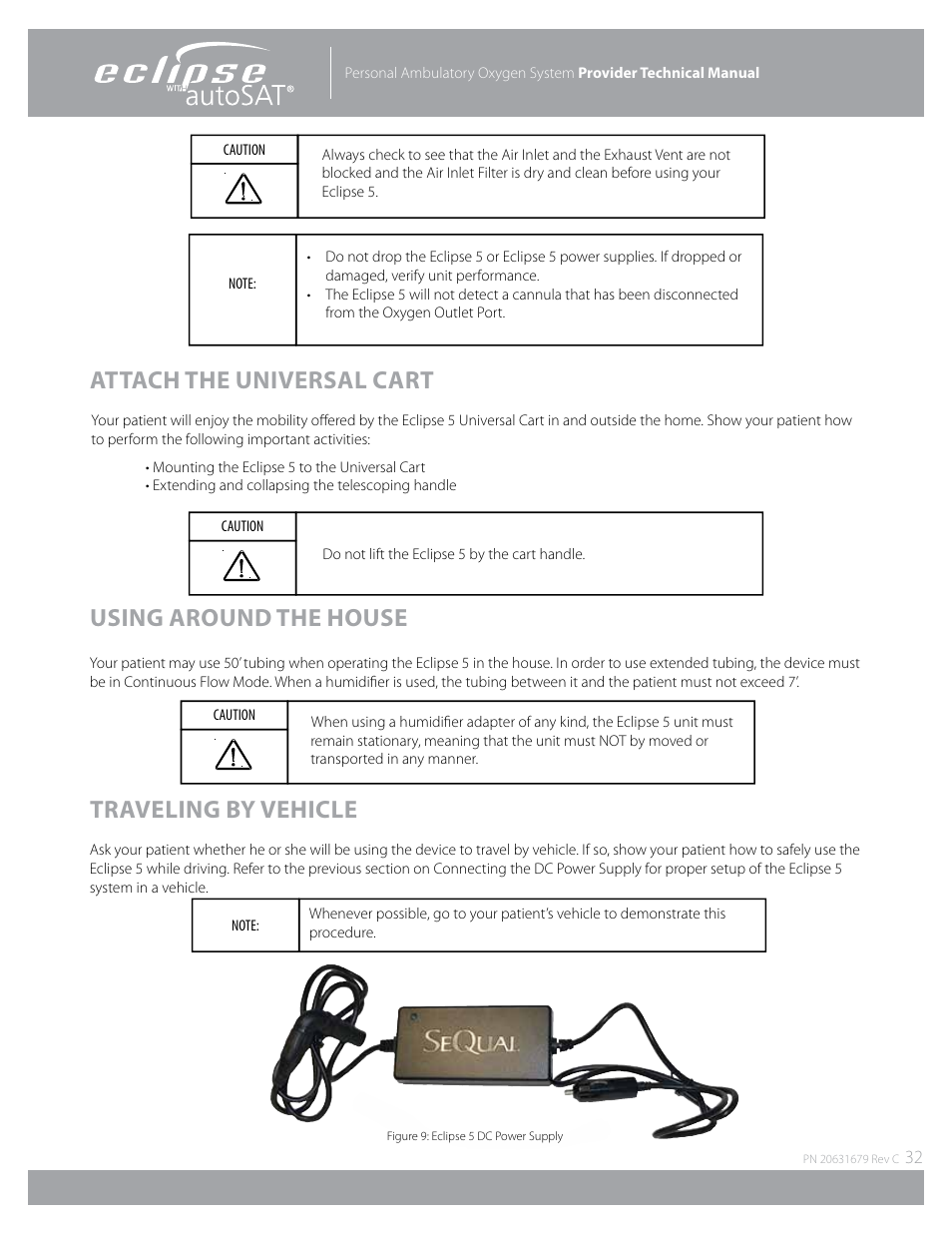 Attach the universal cart, Using around the house, Traveling by vehicle | AirSep Eclipse 5 20631679 User Manual | Page 32 / 84