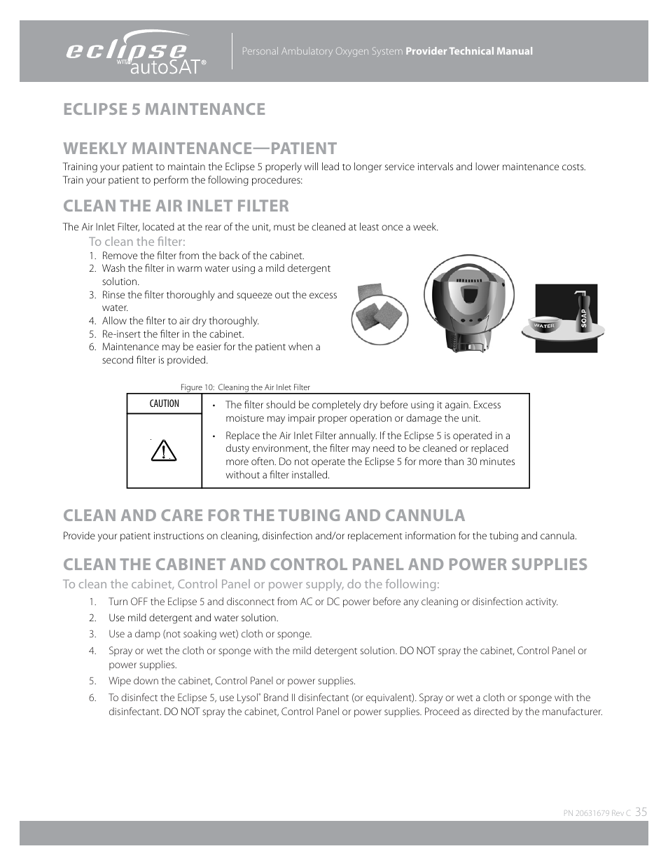 Eclipse 5 maintenance weekly maintenance—patient, Clean the air inlet filter, Clean and care for the tubing and cannula | AirSep Eclipse 5 20631679 User Manual | Page 35 / 84