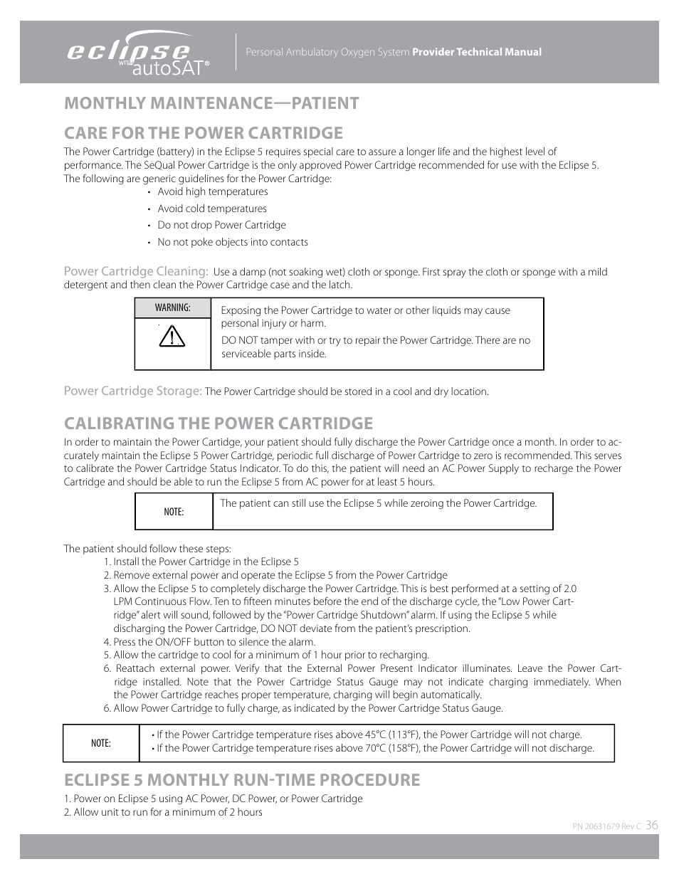 Calibrating the power cartridge, Eclipse 5 monthly run-time procedure | AirSep Eclipse 5 20631679 User Manual | Page 36 / 84