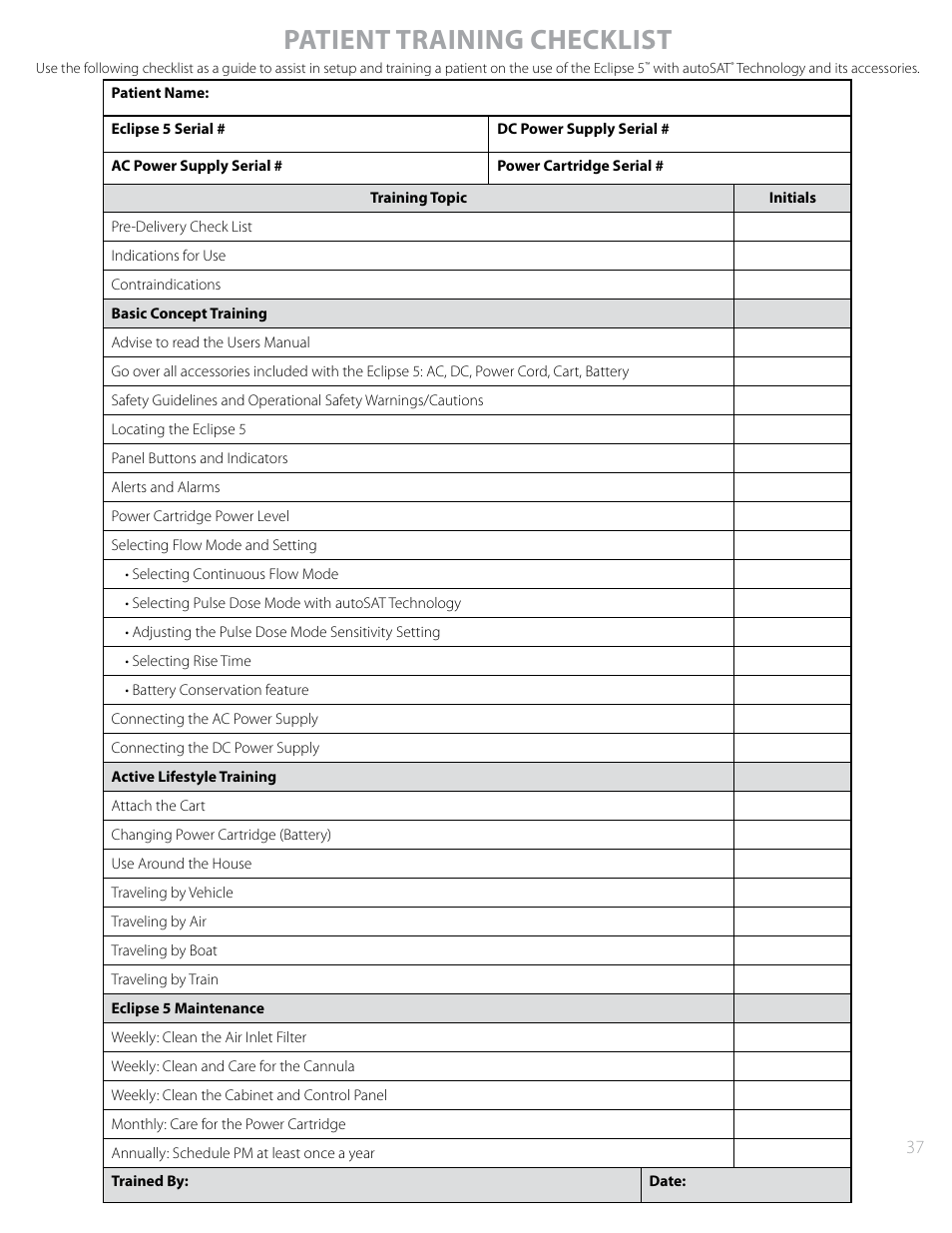 Patient training checklist | AirSep Eclipse 5 20631679 User Manual | Page 37 / 84