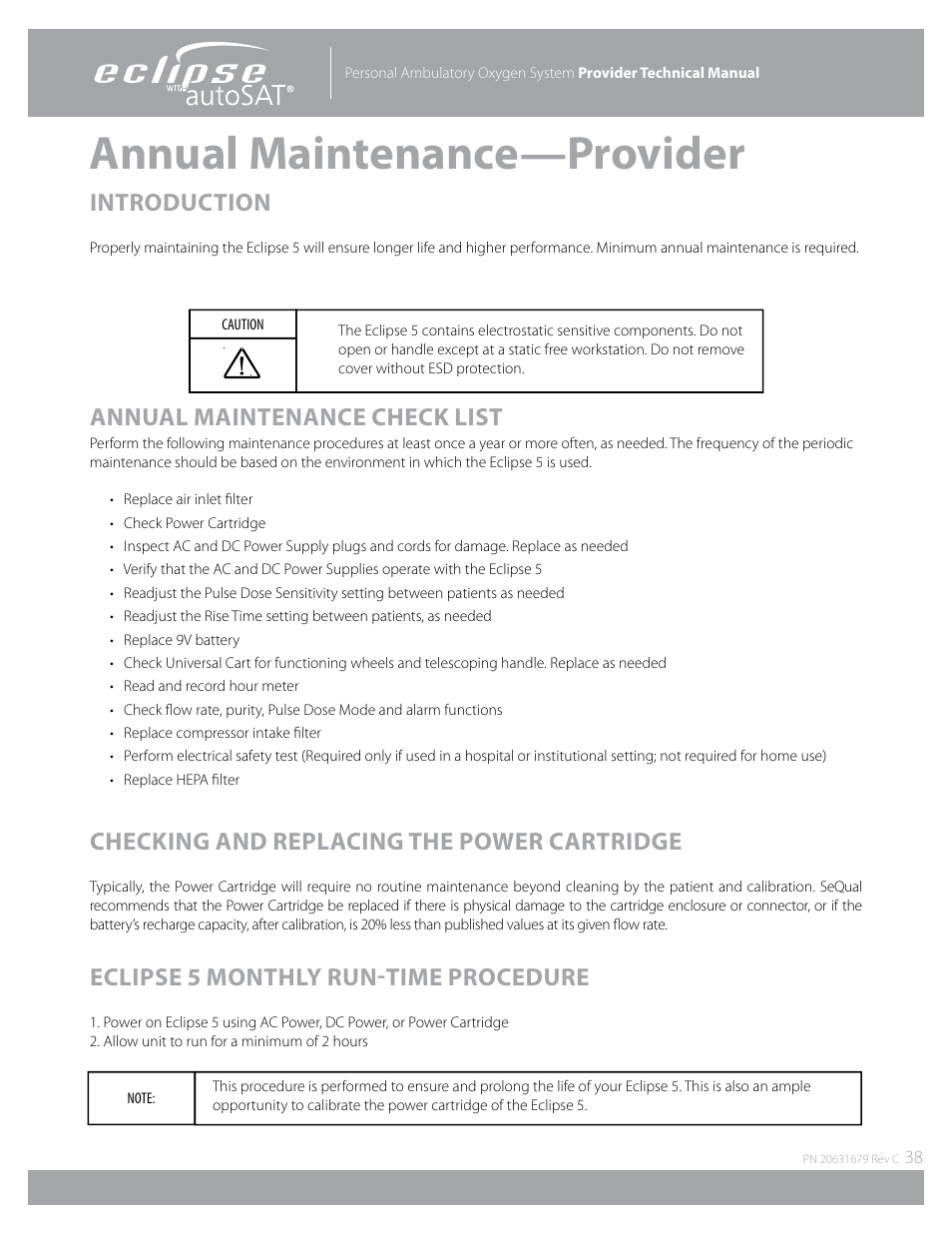 Annual maintenance—provider, Introduction, Annual maintenance check list | Checking and replacing the power cartridge, Eclipse 5 monthly run-time procedure | AirSep Eclipse 5 20631679 User Manual | Page 38 / 84
