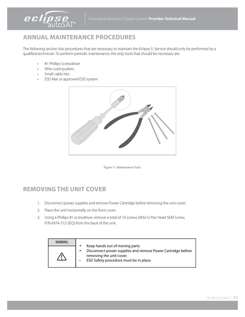 Annual maintenance procedures, Removing the unit cover | AirSep Eclipse 5 20631679 User Manual | Page 39 / 84