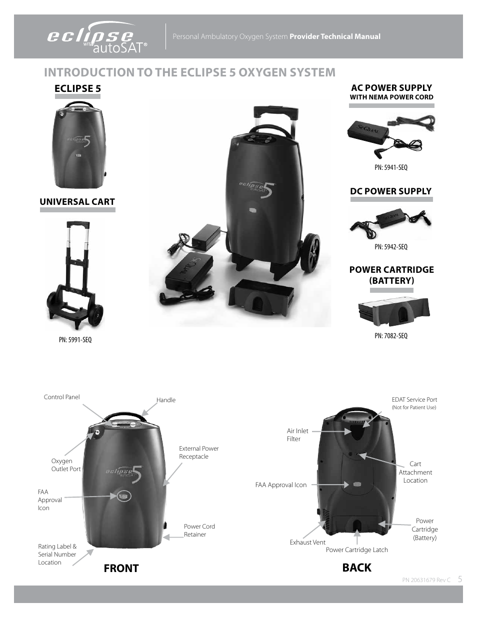 Introduction to the eclipse 5 oxygen system, Back, Front | Eclipse 5 | AirSep Eclipse 5 20631679 User Manual | Page 5 / 84