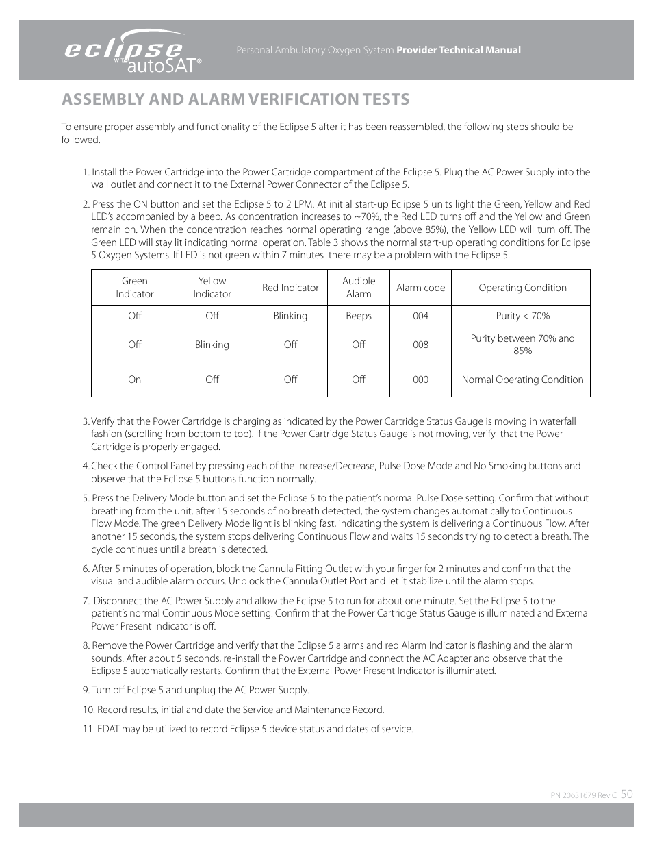 Assembly and alarm verification tests | AirSep Eclipse 5 20631679 User Manual | Page 50 / 84