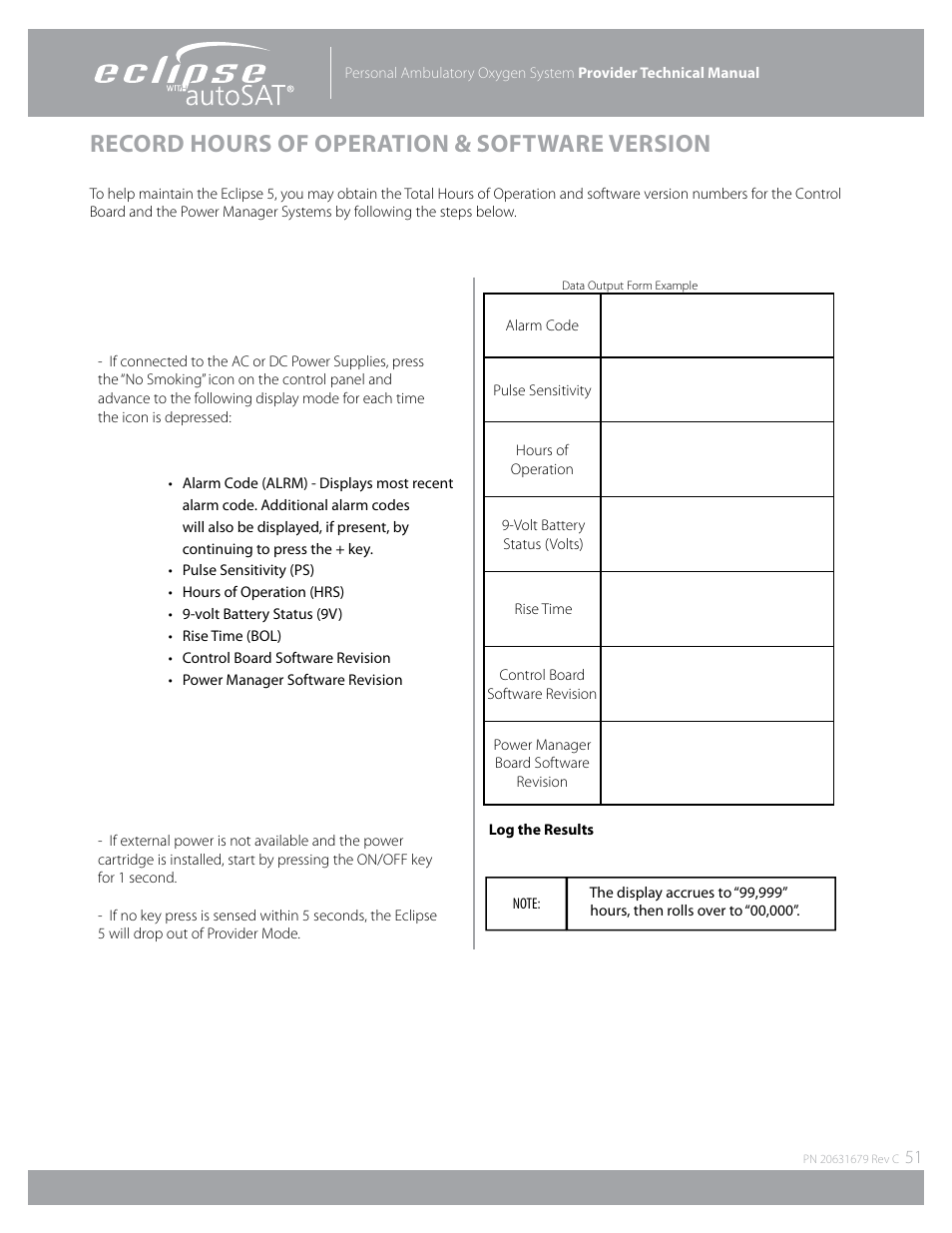 Record hours of operation & software version | AirSep Eclipse 5 20631679 User Manual | Page 51 / 84