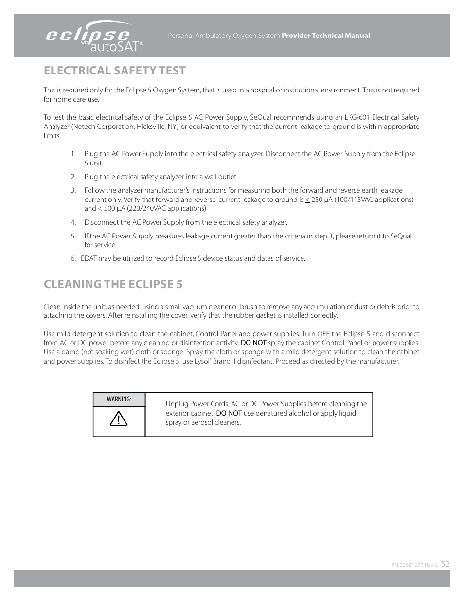 Electrical safety test, Cleaning the eclipse 5 | AirSep Eclipse 5 20631679 User Manual | Page 52 / 84