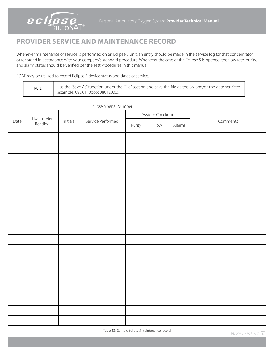 Provider service and maintenance record | AirSep Eclipse 5 20631679 User Manual | Page 53 / 84