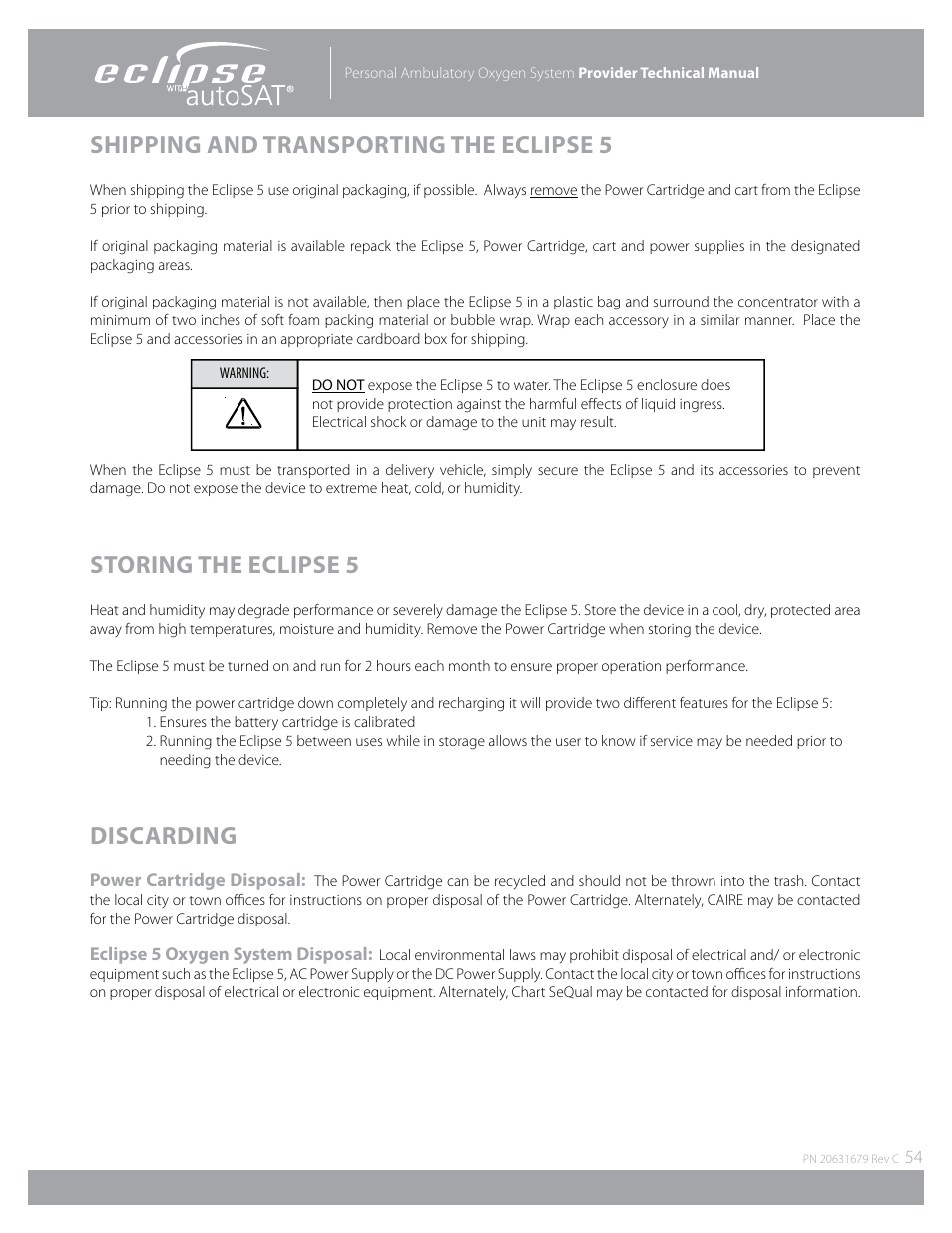 Shipping and transporting the eclipse 5, Storing the eclipse 5, Discarding | AirSep Eclipse 5 20631679 User Manual | Page 54 / 84