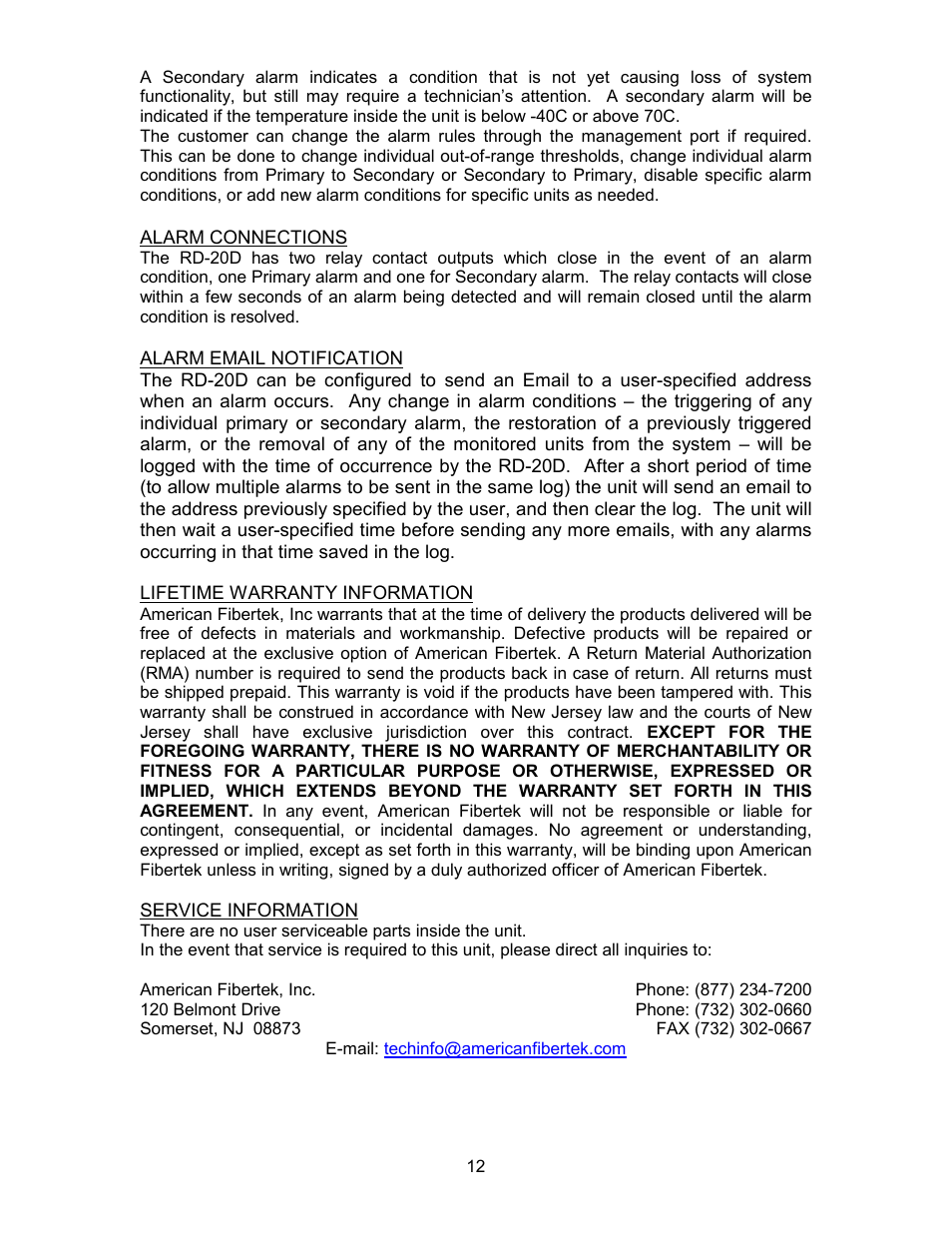 American Fibertek RD-20D AFINETY User Manual | Page 12 / 12