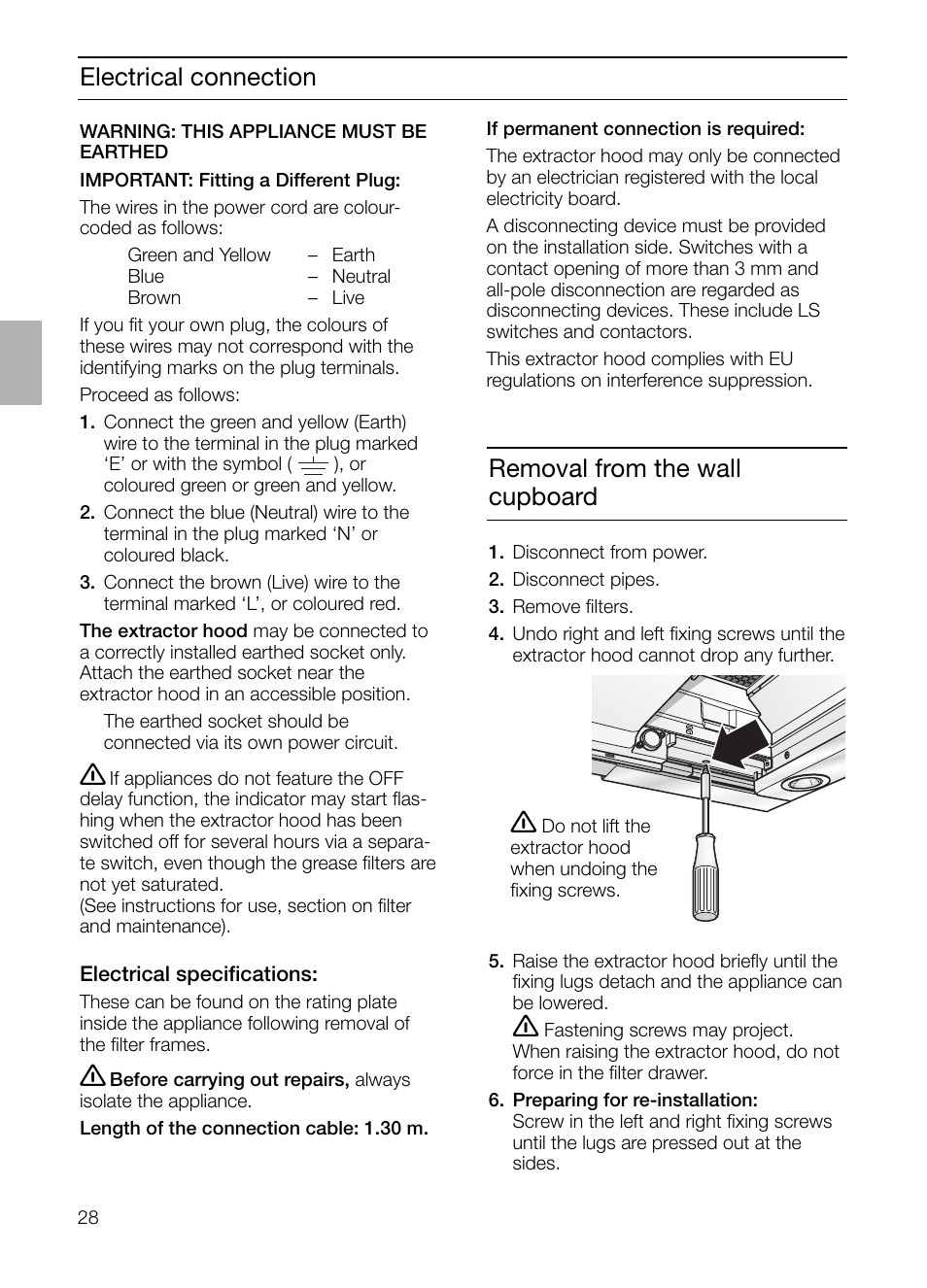 Electrical connection, Removal from the wall cupboard | Neff D4972X0 User Manual | Page 28 / 96