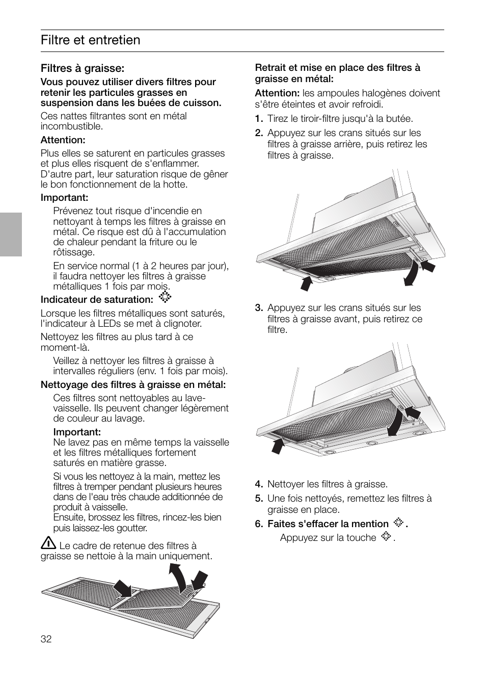 Filtre et entretien | Neff D4972X0 User Manual | Page 32 / 96