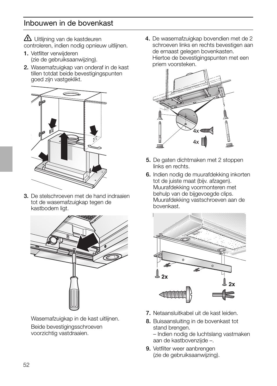 Inbouwen in de bovenkast | Neff D4972X0 User Manual | Page 52 / 96