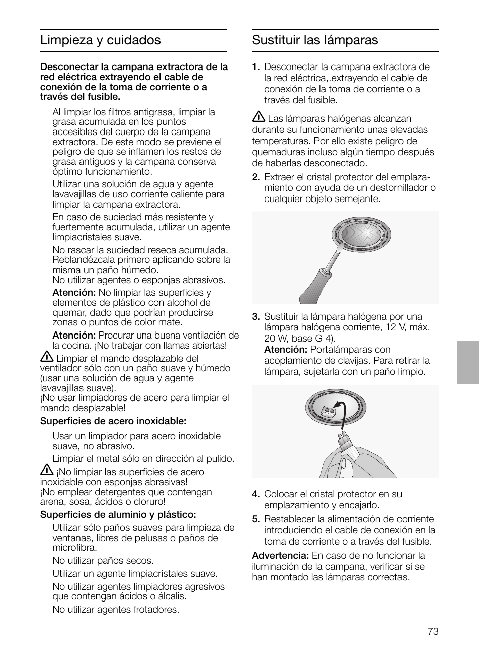 Limpieza y cuidados, Sustituir las lámparas | Neff D4972X0 User Manual | Page 73 / 96