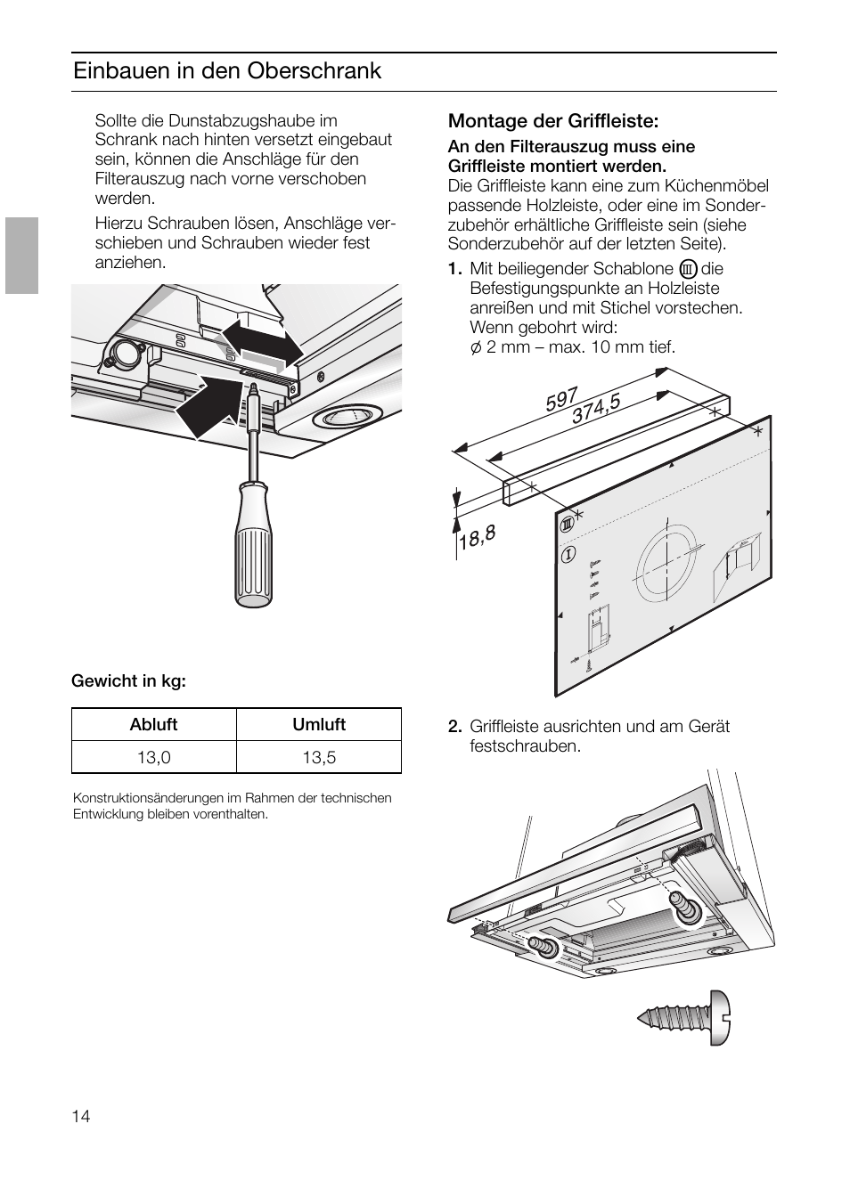 Einbauen in den oberschrank | Neff D4672X0 User Manual | Page 14 / 100