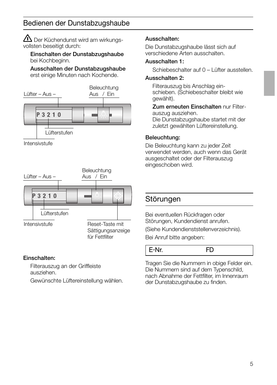 Bedienen der dunstabzugshaube, Störungen | Neff D4672X0 User Manual | Page 5 / 100