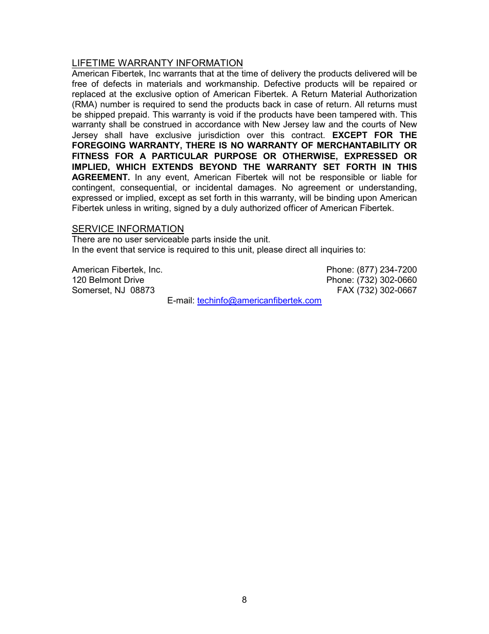 American Fibertek MRR-860SL User Manual | Page 8 / 8
