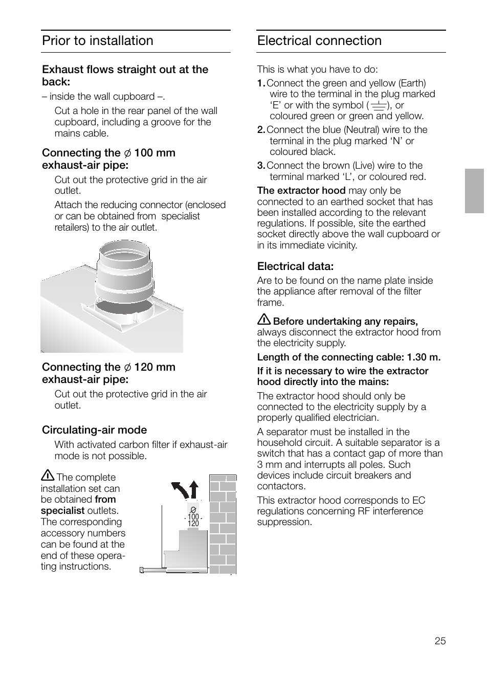Prior to installation, Electrical connection | Neff D4654X0 User Manual | Page 25 / 96