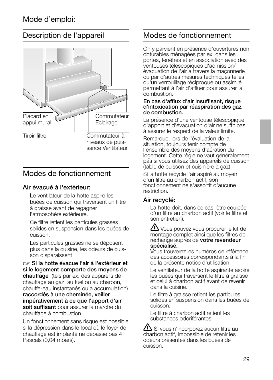 Description de l'appareil modes de fonctionnement, Modes de fonctionnement, Mode d’emploi | Neff D4654X0 User Manual | Page 29 / 96