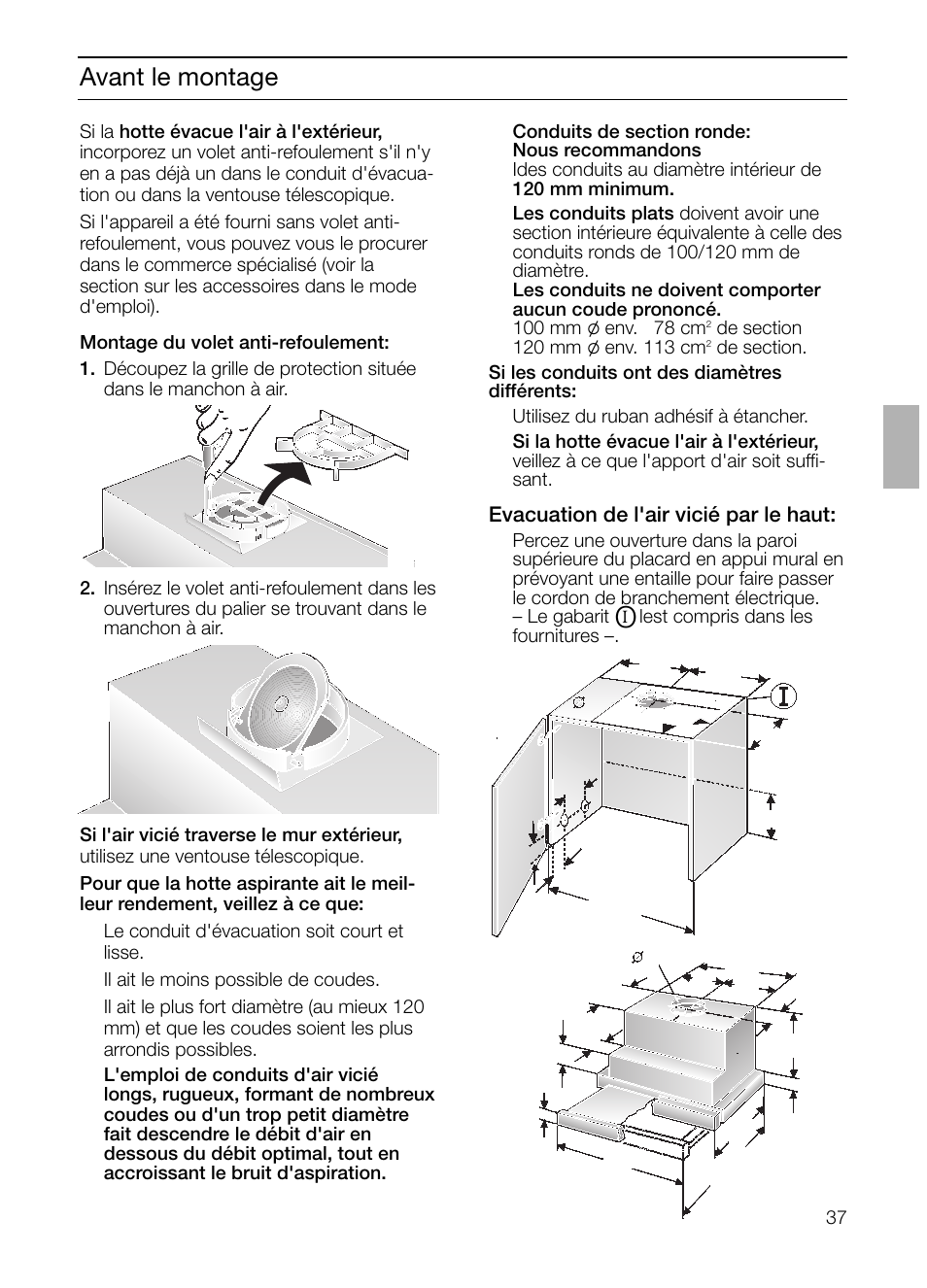 Avant le montage, Evacuation de l'air vicié par le haut | Neff D4654X0 User Manual | Page 37 / 96