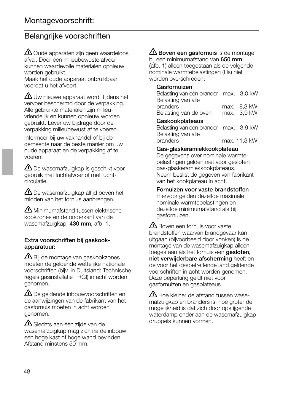 Belangrijke voorschriften montagevoorschrift | Neff D4654X0 User Manual | Page 48 / 96