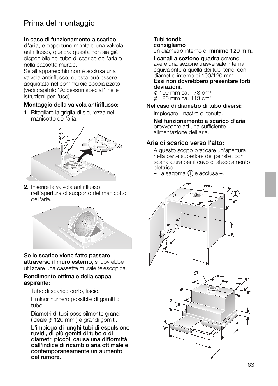 Prima del montaggio, Aria di scarico verso l'alto | Neff D4654X0 User Manual | Page 63 / 96