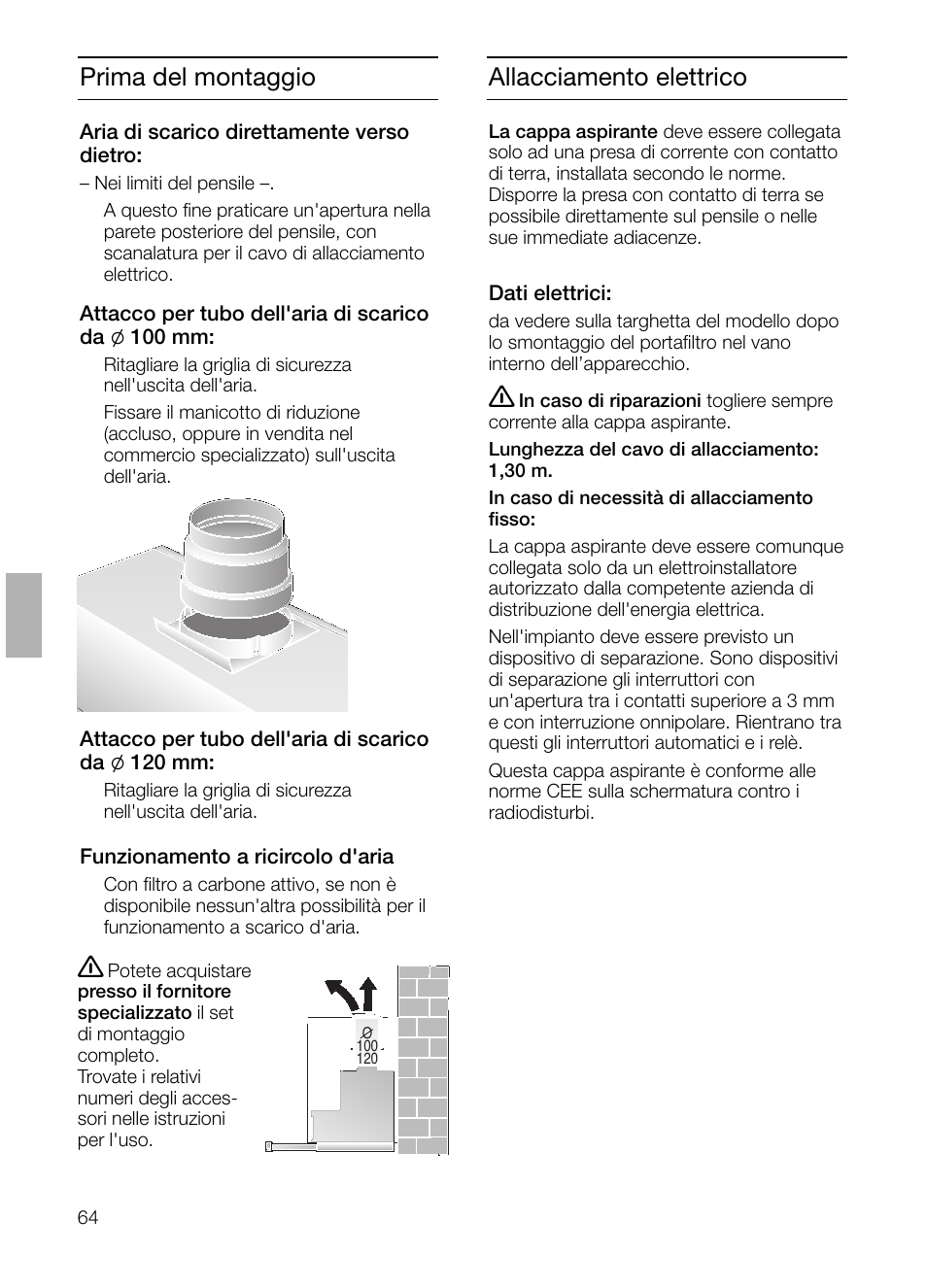 Prima del montaggio, Allacciamento elettrico | Neff D4654X0 User Manual | Page 64 / 96
