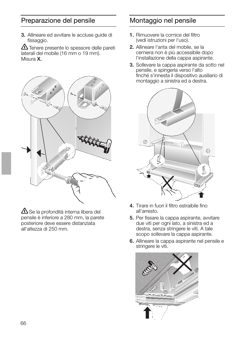 Xx=16mm x=19mm, Preparazione del pensile montaggio nel pensile | Neff D4654X0 User Manual | Page 66 / 96