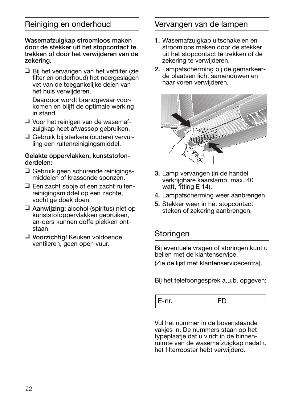 Reiniging en onderhoud vervangen van de lampen, Storingen | Neff D2664X0 User Manual | Page 22 / 96