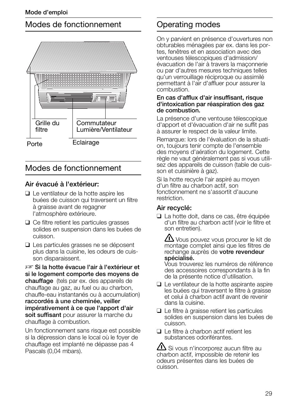 Modes de fonctionnement, Modes de fonctionnement operating modes | Neff D2664X0 User Manual | Page 29 / 96