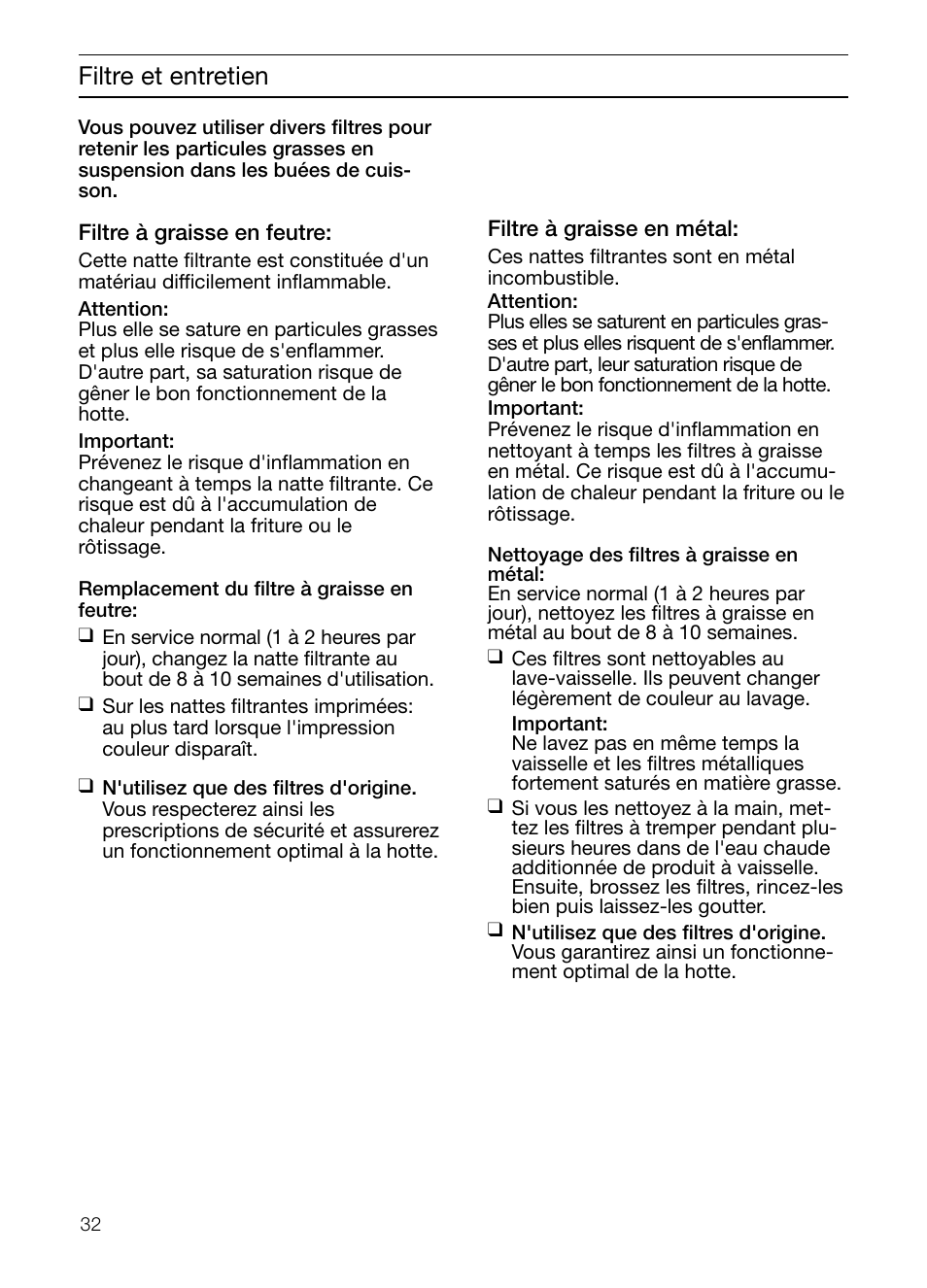 Filtre et entretien | Neff D2664X0 User Manual | Page 32 / 96