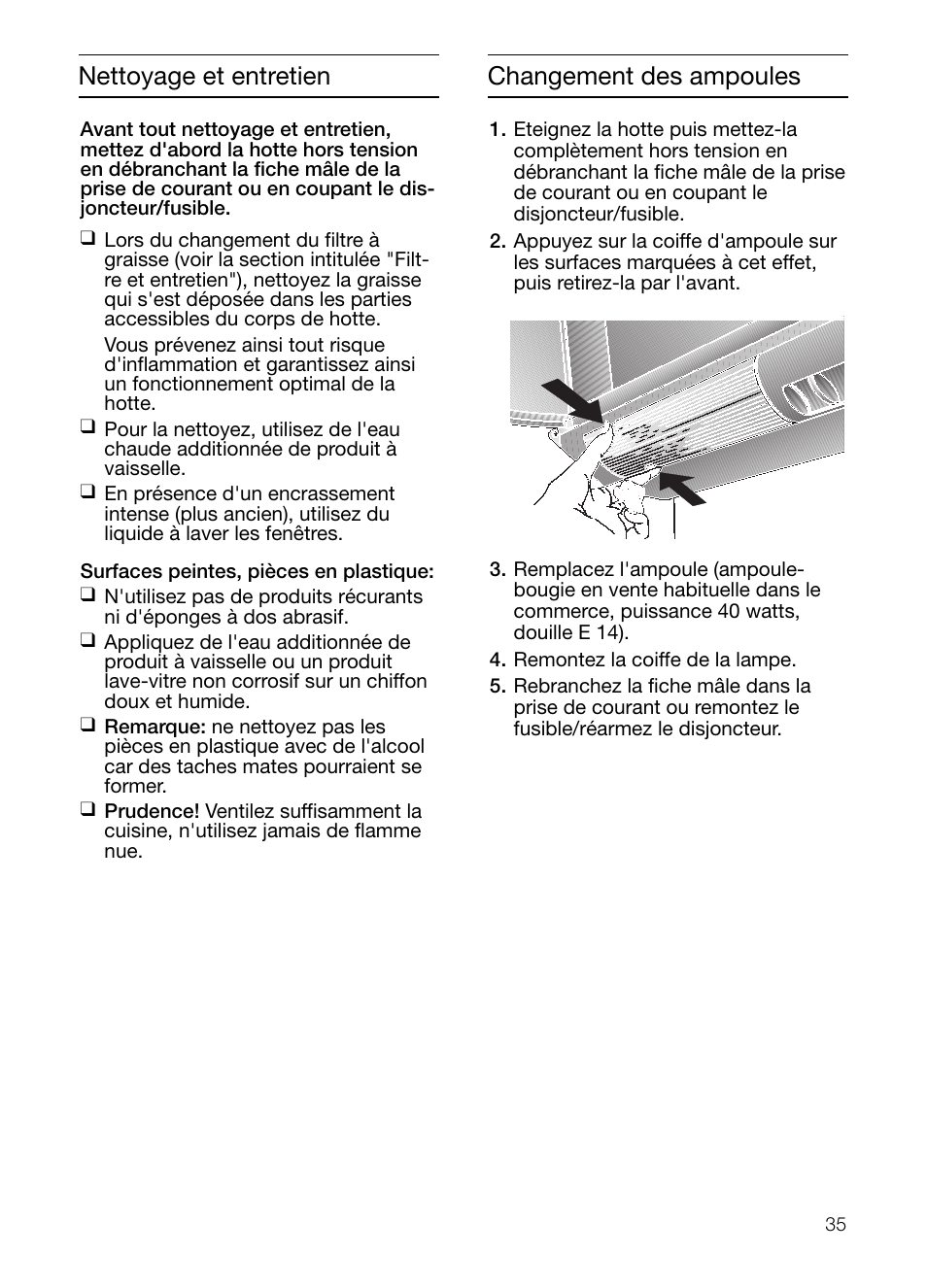 Changement des ampoules, Nettoyage et entretien | Neff D2664X0 User Manual | Page 35 / 96
