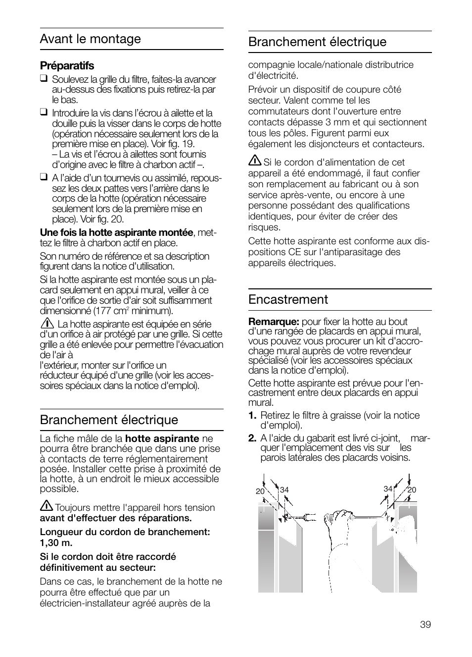 Branchement électrique, Avant le montage branchement électrique, Encastrement | Neff D2664X0 User Manual | Page 39 / 96