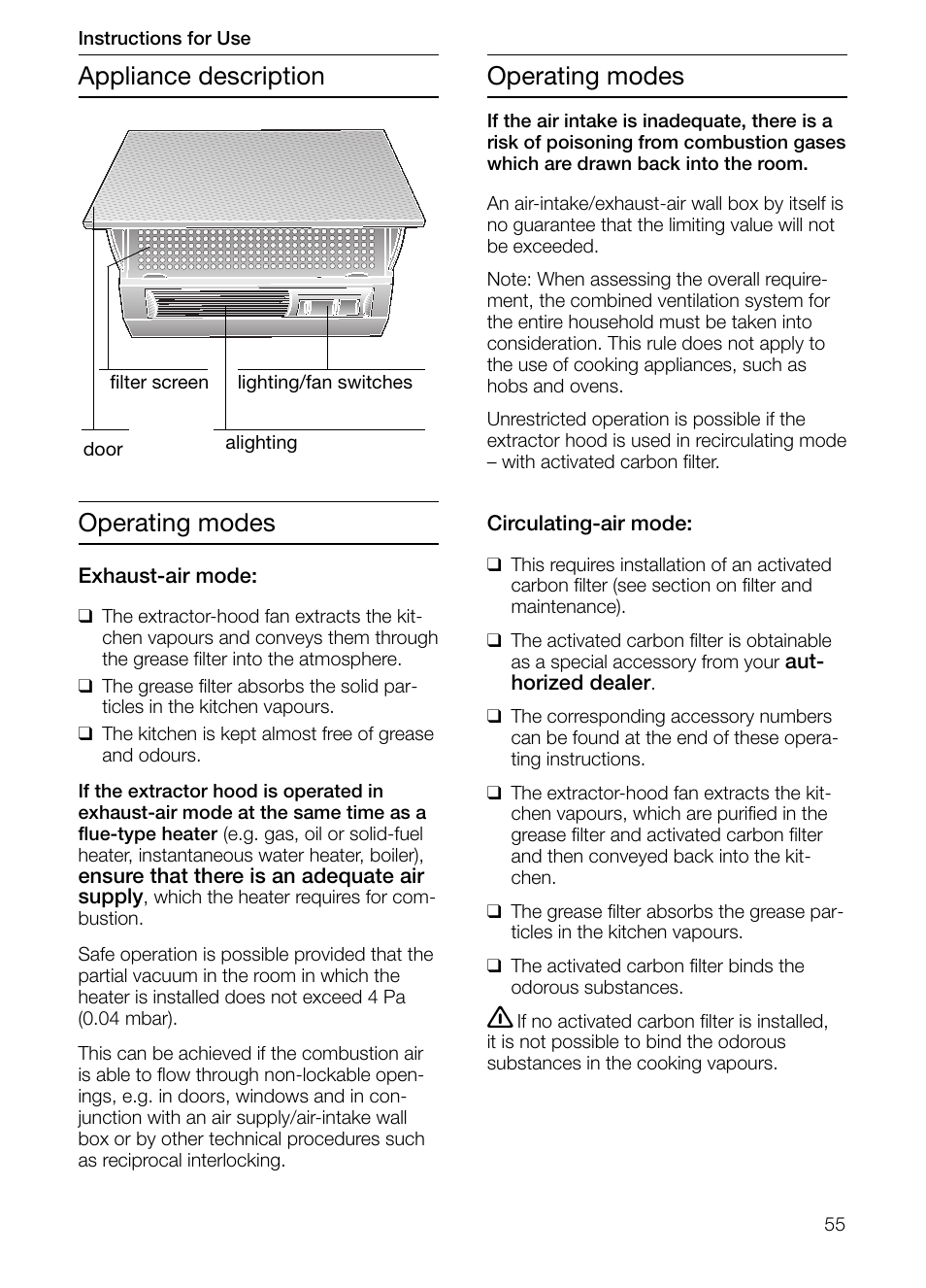 Operating modes, Appliance description operating modes | Neff D2664X0 User Manual | Page 55 / 96