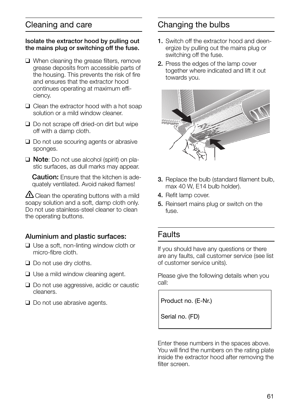 Faults, Changing the bulbs, Cleaning and care | Neff D2664X0 User Manual | Page 61 / 96