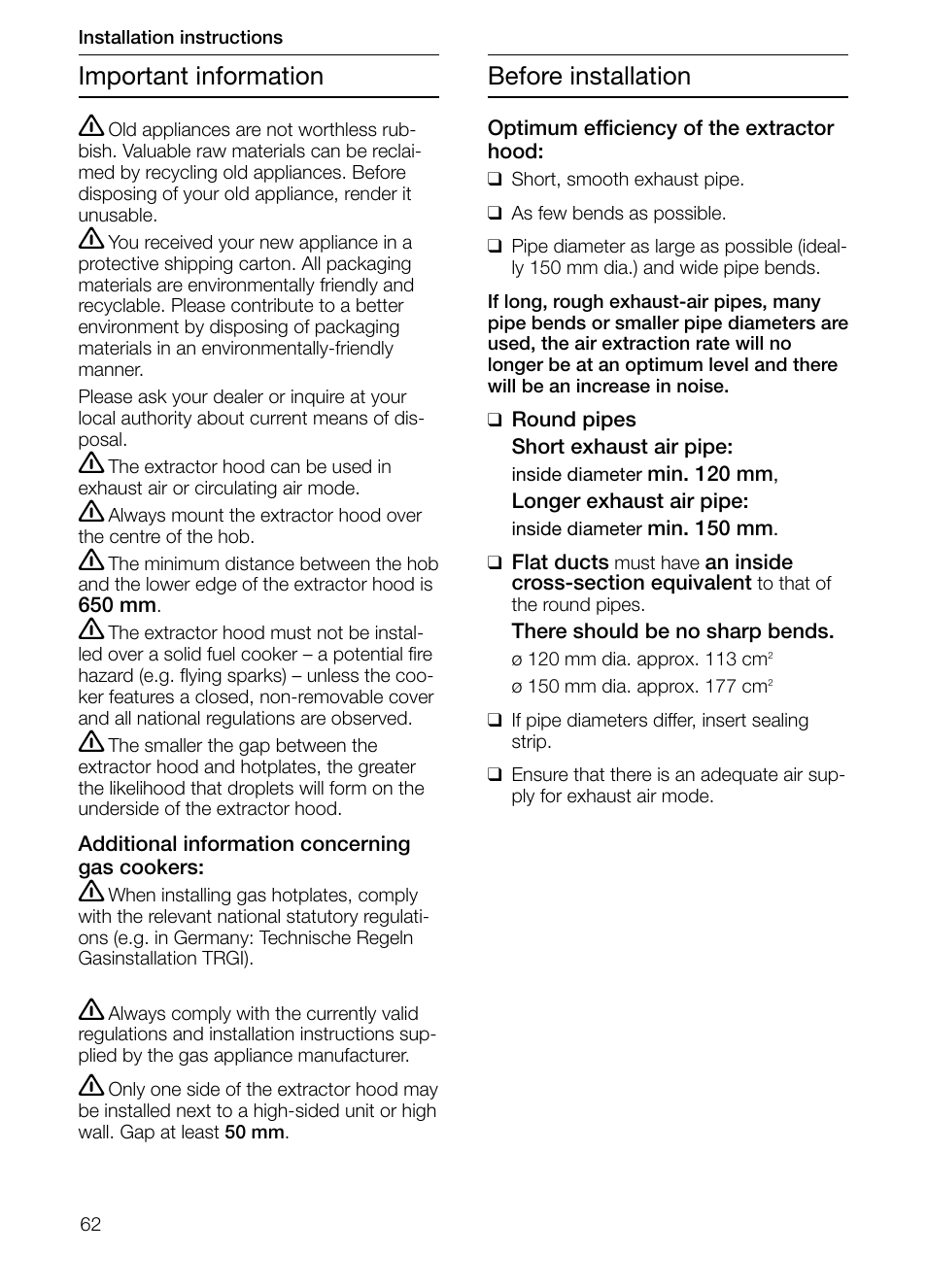 Important information before installation | Neff D2664X0 User Manual | Page 62 / 96