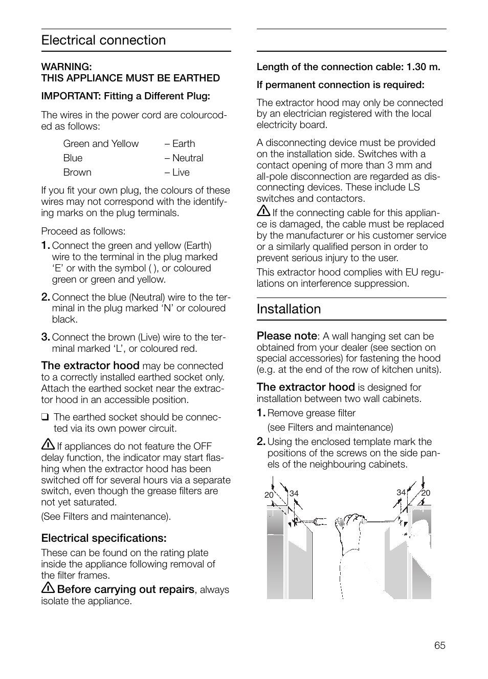 Electrical connection, Installation | Neff D2664X0 User Manual | Page 65 / 96