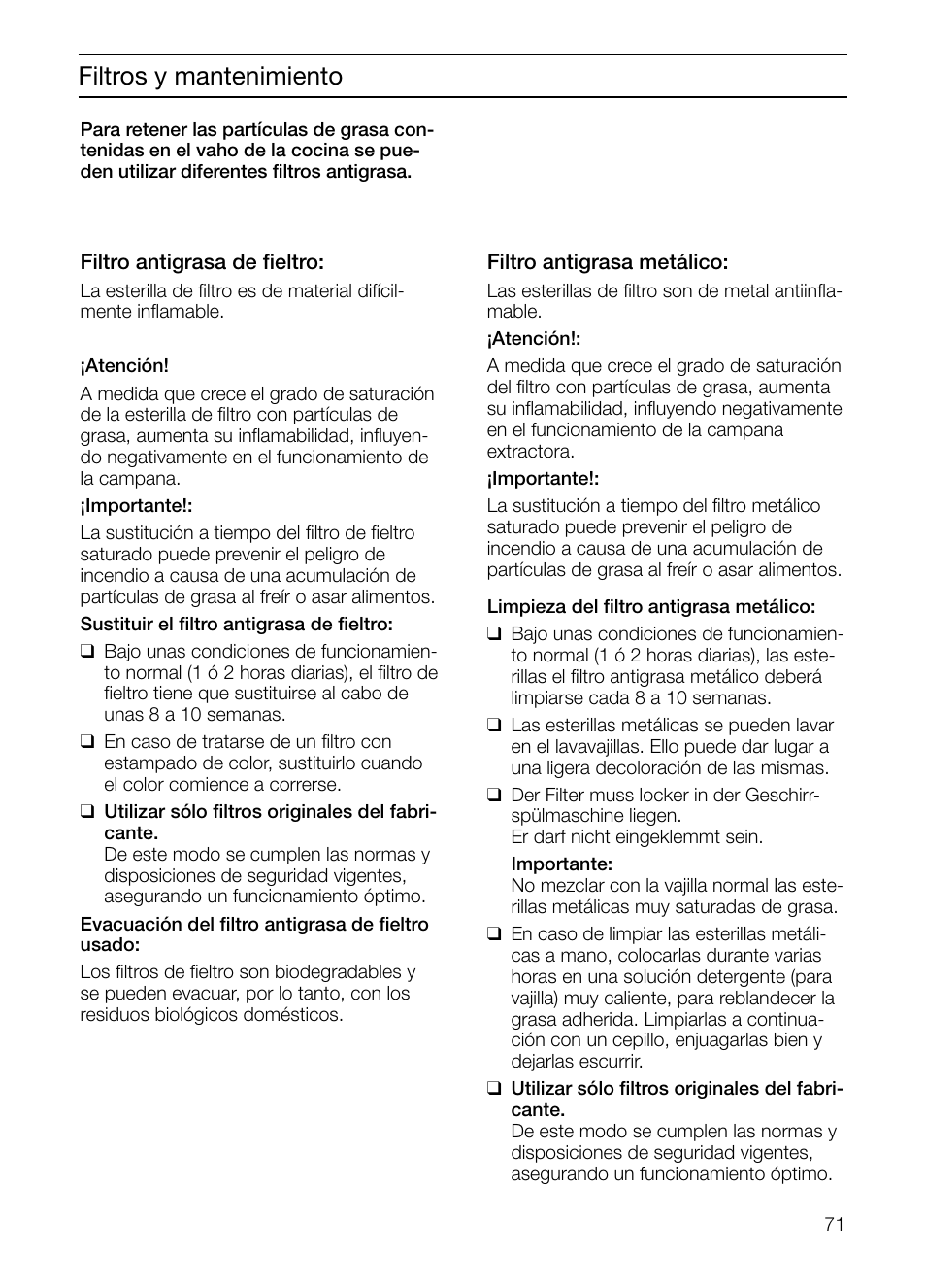 Filtros y mantenimiento | Neff D2664X0 User Manual | Page 71 / 96