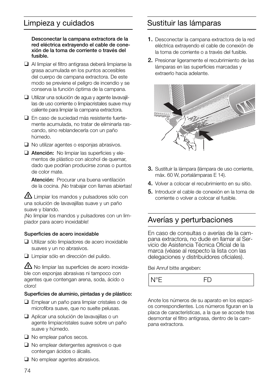 Averías y perturbaciones, Sustituir las lámparas, Limpieza y cuidados | Neff D2664X0 User Manual | Page 74 / 96