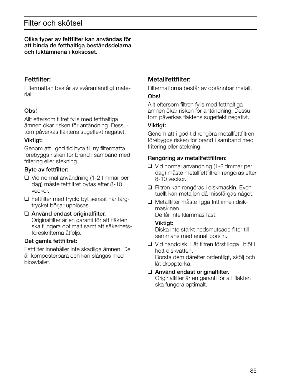 Filter och skötsel | Neff D2664X0 User Manual | Page 85 / 96