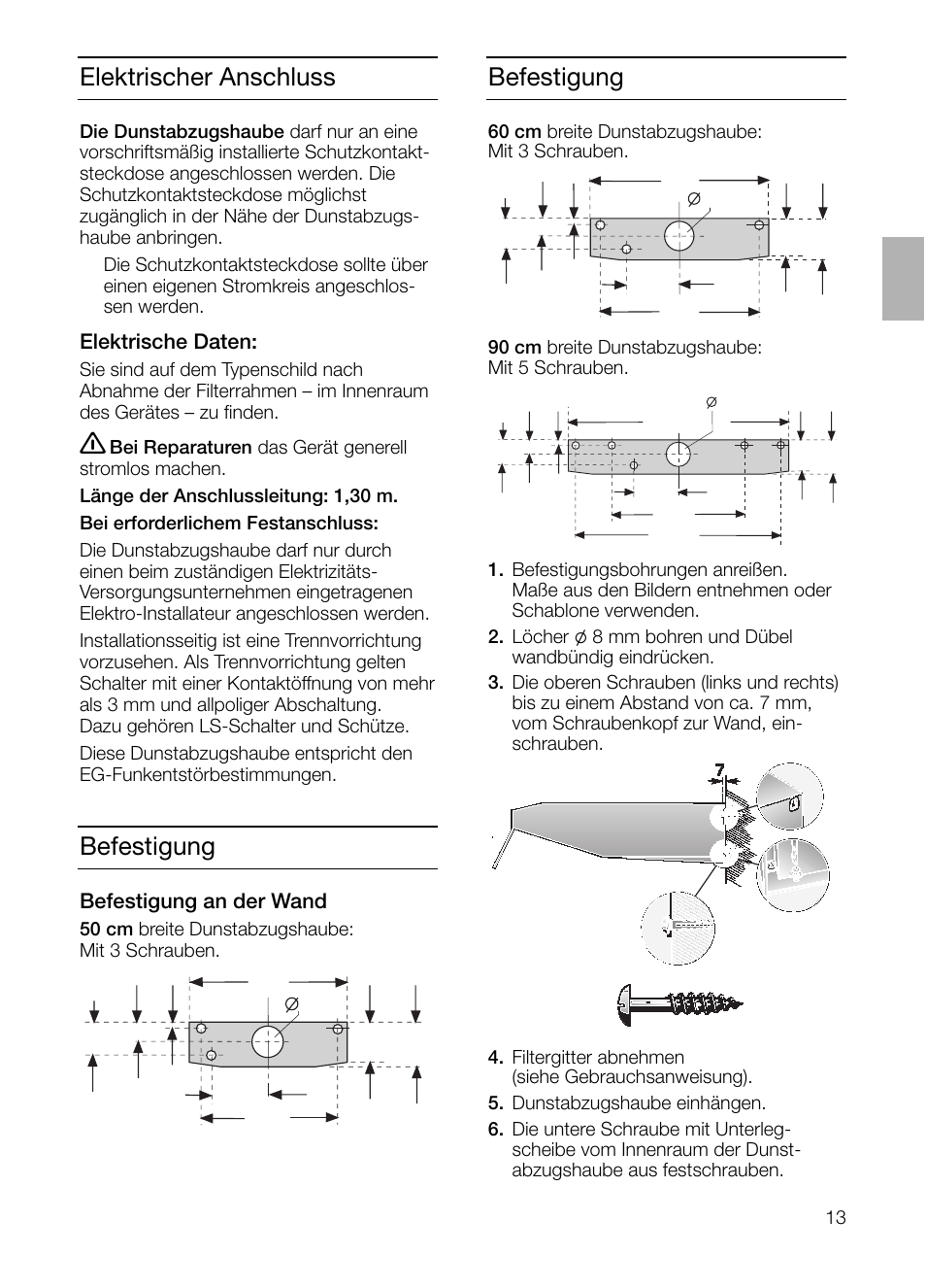 Elektrischer anschluss, Befestigung | Neff D1654W0 User Manual | Page 13 / 84