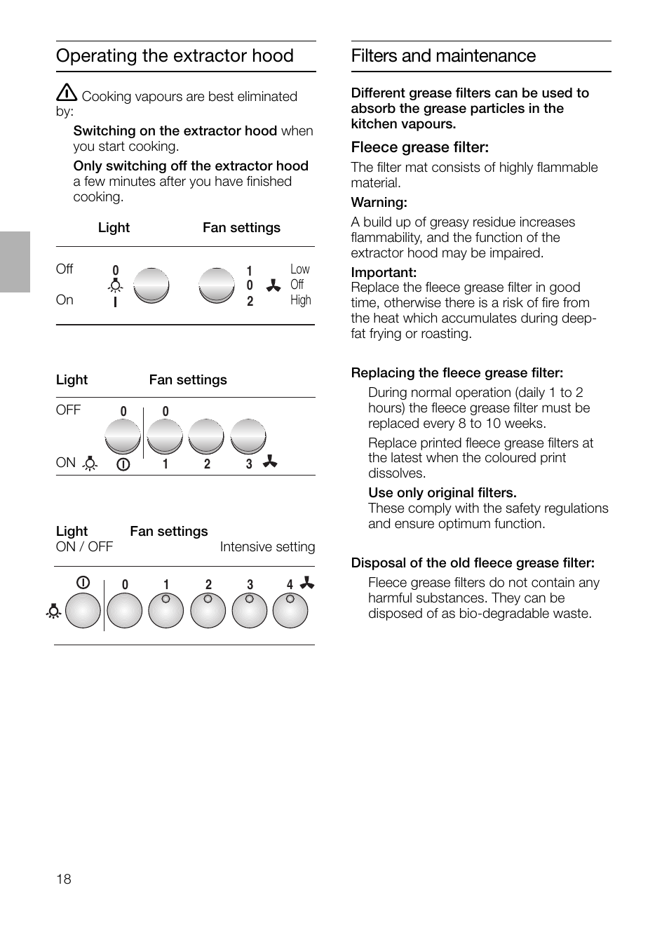 Operating the extractor hood, Filters and maintenance | Neff D1654W0 User Manual | Page 18 / 84